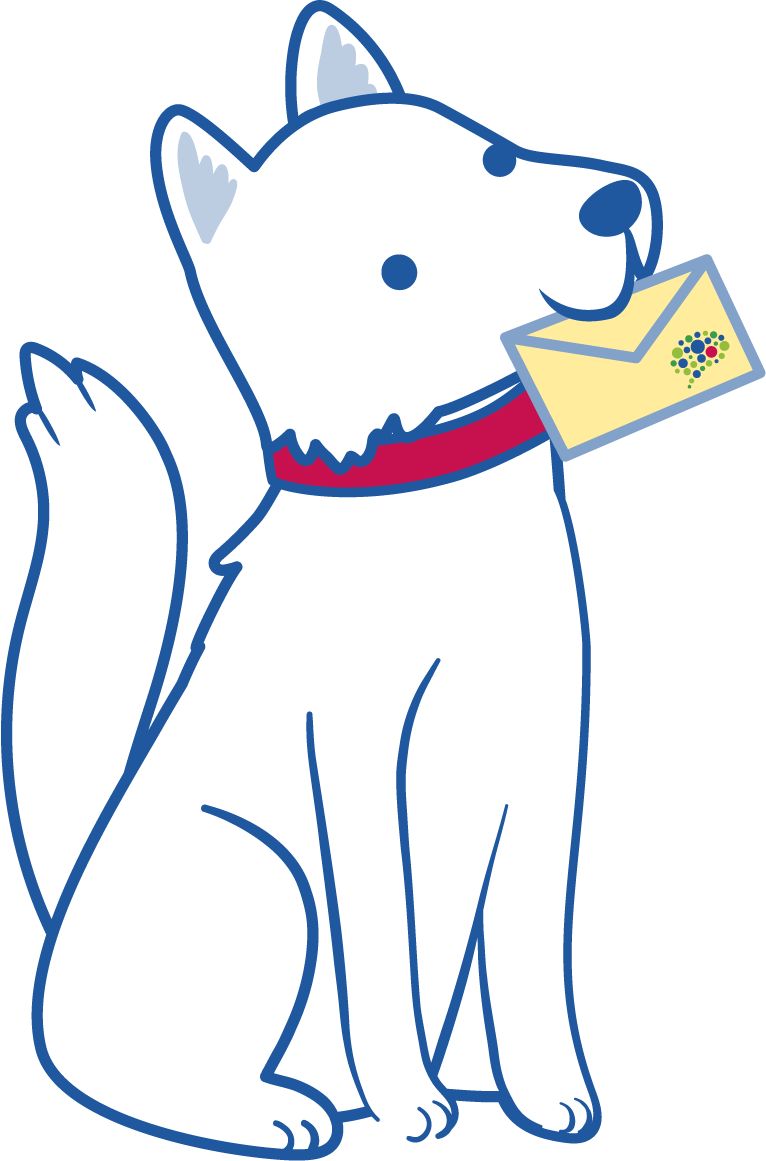 Mascota de la empresa con un sobre en el hocico